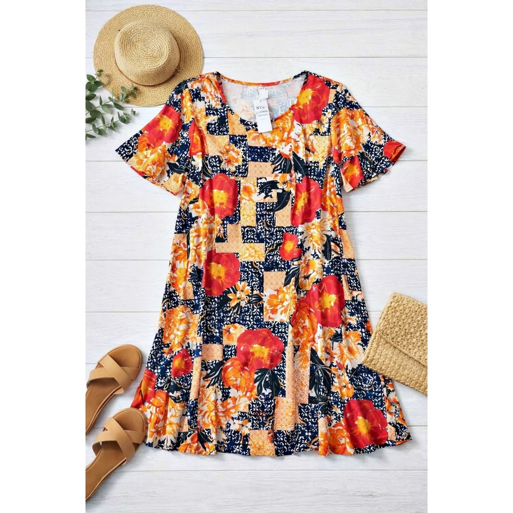 NY Collection Floral Patchwork Knit Swing Dress 2X Short Sleeve‎ Multi Color NWT